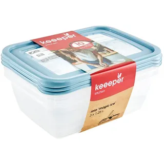 KEEEPER Tiefkühldosenset 3-teilig, Wiederbeschreibbarer Deckel, 3 x 1,25 l, 20,5 x 15,5 x 6,5 cm, Mia Magic Ice, Nordic Blue