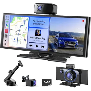 Avylet 10,26" 60FPS CarPlay Display mit 4K/1080P 3-Kanal-Videoaufnahme, kompatibel mit Apple CarPlay/Android Auto,