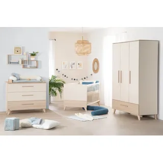 roba Kinderzimmer Set 3-teilig Sidney - Kinderbett 70 x 140 cm + Wickelkommode + Kinderkleiderschrank - Griffe & Füße aus Massivholz - Cashmere - Beige