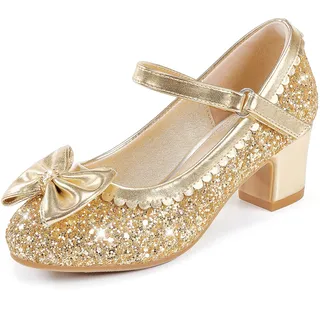 LAURMOSA Prinzessin Schuhe Mädchen Stöckelschuhe Kinder High Heels Gold Mary Jane Riemchen Pumps Kleiner Absatz Glitzer Schuhe Mädchen 29 Schleife Festlich Absatzschuhe Kinder Party (EUL1036SeGold 12) - 29 EU
