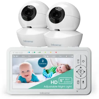 Babysense Babyphone HD 5 Zoll mit 2 Kameras, Video Babyphone ohne WLAN, Nachtlicht, Wiegenlieder, 300m Reichweite, Zwei-Wege-Audio, 4-facher Zoom, 4000mAh Akku