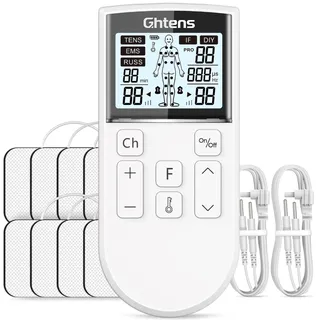 GHTENS TENS Gerät Schmerztherapie, 5-in-1 Reizstromgerät (TENS/EMS/IF/RUSS/DIY) zur Schmerzlinderung durch elektrische Nervenstimulation, mit 80 Massageprogrammen, 2 Kanäle und 8 Stück Elektroden Pad
