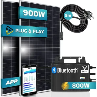 SUNNIVA® 900W Balkonkraftwerk 800W komplett Steckdose - TSUN 800W Wechselrichter - PV Solaranlage - 2x450W Solarmodule - 5m Kabel - WIFI