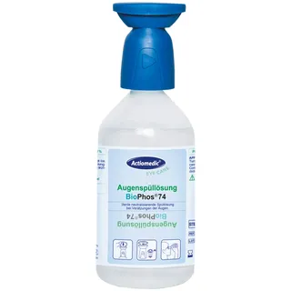 Actiomedic Actiomedic® Augenspülflasche mit phosphatgepufferter Spüllösung BioPhos®74 4,9% I Phosphatgepufferte Augenspüllösung I Sterile Augenspüllösung für Chemikalien I 500 ml