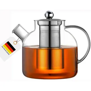 Teekanne aus Glas mit Sieb - 1500 ml Fassungsvermögen - Wasser Krug mit 1,5 Liter - Teekanne mit Siebeinsatz - Deckel und Edelstahl Sieb abnehmbar
