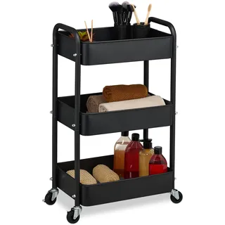 Relaxdays Rollwagen, 3 Etagen, Servierwagen, Küchenwagen Bad & Büro, Rollregal, 71,5x43,5x29,5 cm, Bastelwagen, schwarz