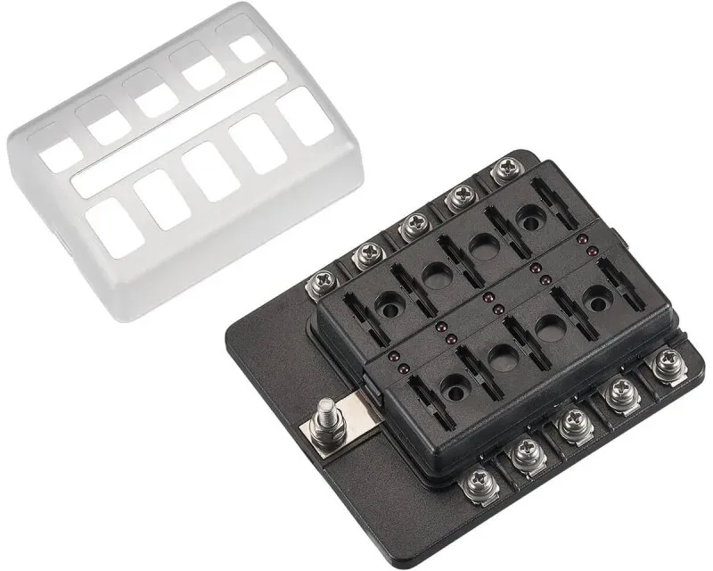 KFZ-Flachsicherungshalter mit LED Indikator für 10 Sicherungen 30A/32V DC (Schraubanschluss)