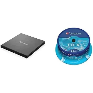 Verbatim External Slimline CD/DVD Writer, USB 3.2 Gen1 mit USB-C Anschluss inkl. USB-C auf USB-A-Kabel, Externer DVD-Brenner, inkl. 700 MB CD-R 25er Spindel