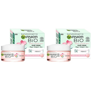 Garnier Gesichtscreme für müde Haut ohne Strahlen, Für einen jugendlichen Glow, Pflege und Festigkeit, Mit Bio-Hagebutten-Öl und Vitamin C, Garnier Bio Rosy Glow 3in1, 50 ml (Packung mit 2)