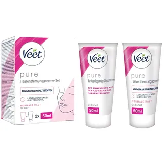 Veet Pure Haarentfernungs-Set Gesicht - Für Oberlippe, Wangen & Augenbrauen, normale Haut - 50 ml Enthaarungscreme, 50 ml Pflegecreme & Spatel