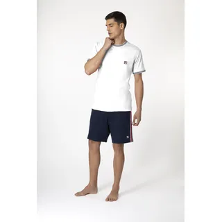 Fila Pyjama FILA "MAN JERSEY TOP + FRENCH TERRY PANTS PYJAMAS", Herren, Gr. XL, weiß blau, Jersey, Obermaterial: 100% Baumwolle, unifarben, modisch, regular fit kurz, Rundhals, Kurzarm, Homewear-Sets, mit sportlichem Logo-Detail, Hose mit Tunnelzug
