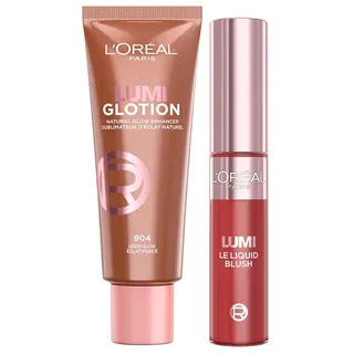 L'Oréal Paris Highlighter- und Blush-Set, Perfect Match Lumi Glotion, Farbe 904 Deep Glow, 40 ml sowie L'Oréal Paris Lumi Le Liquid Blush, Farbe Worth It Medium 635, 10 ml