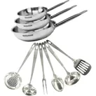 Set mit 3 Edelstahlpfannen von 20, 24 und 28 cm und 6 Edelstahlutensilien Fackelmann Eterna