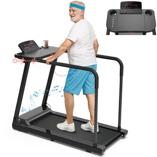 CIIHI Laufband für Senioren - Laufband für Zuhause Klappbar mit 150kg Traglast, Langen Handläufen - mit Schreibtisch-Arbeitsplatz, Bluetooth-Lautsprecher, Herzfrequenzmessung