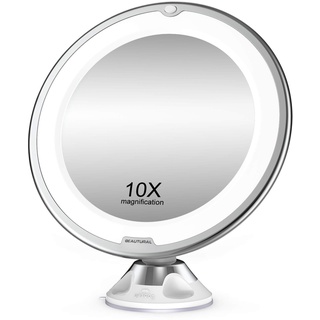 Beautural Kosmetikspiegel 10-Fach Vergrößerung LED Beleuchtet Schminkspiegel 360 ° Schwenkbar mit Integriertem Saugnapf Rasierspiegel Wandspiegel vergrößerungsspiegel Batteriebetrieben