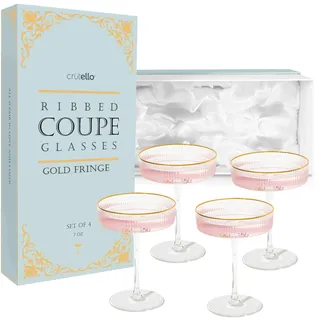 Crutello Champagner-Coupé-Gläser, goldfarbener Rand, 200 ml, geriffelt, geriffelt, für Champagner, Martini, Manhattan, Cosmopolitan, Spritz und gefrorene Getränke, 4 Stück