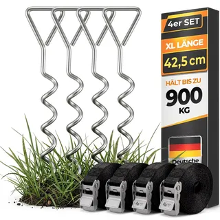 monzana MONZANA® 4 Bodenanker Trampolin 42,5cm 5 Windungen 900kg Verstellbare Gurte Rostfrei Sicherung Set Erdanker Befestigung Pavillon Gartenhaus Schaukel -