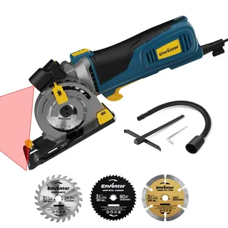 Enventor Mini Kreissäge 600W, Mini Handkreissäge mit Skalenlineal & Laserführung, 5500RPM, Einhändiges Halten, 3 Sägeblätter, für Holz, Fliesen, Kunststoff und dünne Metalle