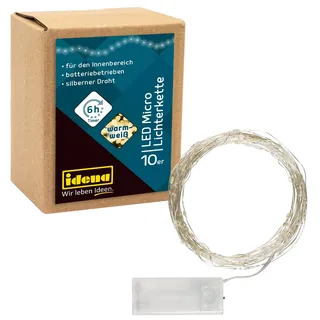 IDENA 31114 - LED Micro Lichterkette mit 10 LED in warmweiß, silberner Draht - Gesamtlänge 120cm, batteriebetrieben, ca. 1,2 m lang, für Innen
