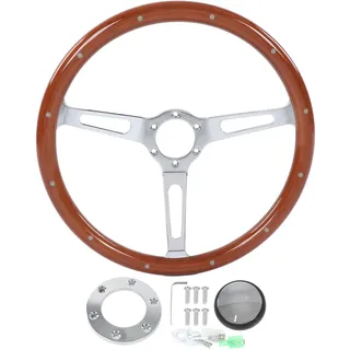 15 Zoll Klassisches Lenkrad, 3 Speichen, Genietet, 6 Löcher, Holz, Klassisches Auto-Lenkrad, Klassisches Oldtimer-Lenkrad mit Hupenknopf-Set, Klassisches Nostalgie-Vintage-Holzrad (Braun)