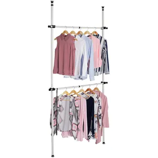 Relaxdays Offener Kleiderschrank, Garderobensystem mit 2 Kleiderstangen & Bügelgreifer, Stahl, Teleskop Garderobe, weiß