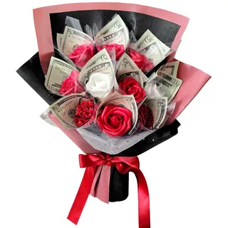 Ribbonbonbox Geldblumenstrauß – Künstlicher Blumenstrauß – Beste Abschlussfeier, Geburtstag, Jubiläum, Glückwunsch Spardose für Bargeld Rose (Rot)