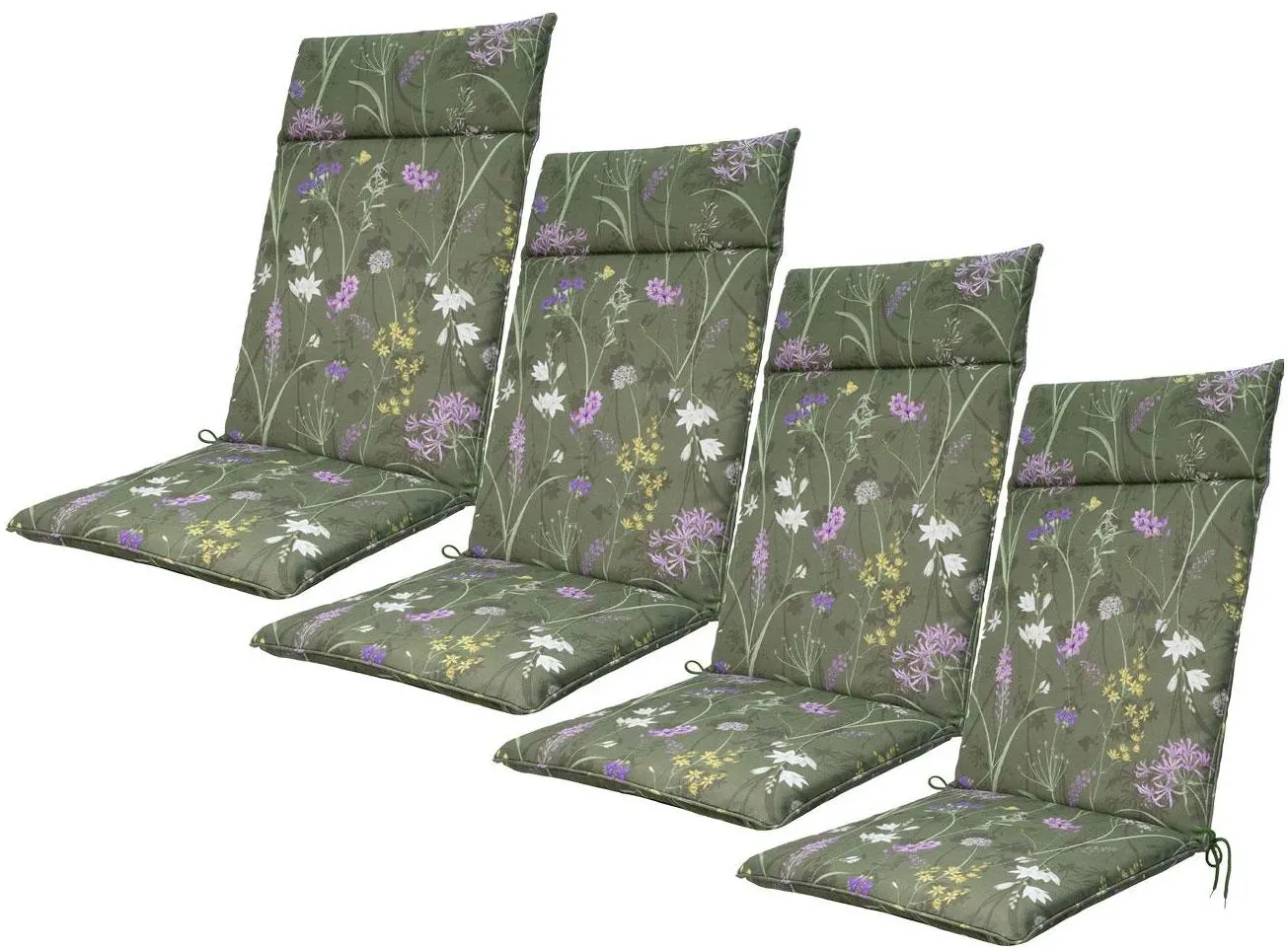 Natura Punto, Sitzkissen, 4er-Set Hochlehner-Auflage, Gartenstuhlkissen wasserabweisend, Blumenmuster grün, 120x50cm (120 x 50 cm)