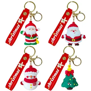 DOKRIN Gift Wrap Tags, 4 Stück Weihnachts-Schlüsselanhänger, Silikon-Armband, niedlicher Cartoon-Weihnachtsbaum, Weihnachtsmann, Schneemann