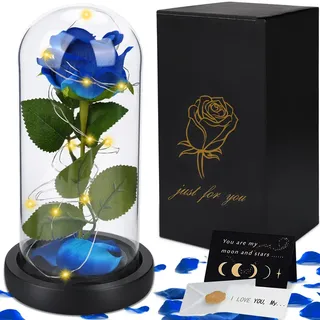 JOTOL Rose im Glas,Ewige Rosen,Schöne und das Biest Rose mit Licht,Rose in Einer Glaskuppel,Rose Ewige Rose im Glas mit LED-Licht,Abnehmbarer Sockel,Die Schöne und das Biest Rose Geschenk Kit-Blau