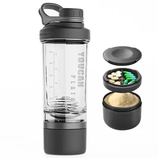 youcanplato Protein-Shaker-Flasche mit Pulver-Aufbewahrungsbehälter, 600 ml, für Protein-Shakes, Pre-Worko