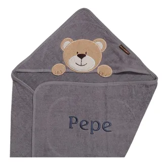 BotoBaby- Kapuzentuch mit Namen Bestickt Handtuch MIT Kapuze - 100% Baumwolle - 100x100 cm - 75x75 cm - Geschenk - Geburt - Taufe - (Grau - Teddybär, 75 x 75 cm)