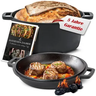 Ottia Gusseisen Topf, Deckel als Pfanne, Brot backen, Eintopf, Schmortopf, für Induktion, Gas, Camping, Feuer, BBQ, Grill, mit Rezeptbuch, Händler aus Hamburg