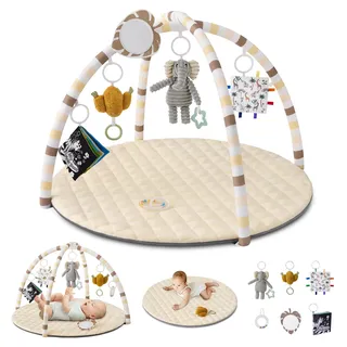 Blissful Diary Spielbogen Baby, Spieldecke Baby Gym Activity Decke mit 6 Abnehmbare Spielzeuge, krabbeldecke Einfach zu Installieren und zu Reinigen, Unverzichtbare Babygeschenke, Beige