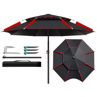 SKINCATE Sonnenschirm Strand Sonnenschutz 240cm, Strandschirm Angelschirm Im Freien, UV-Schutz Windschutz, Regenschirm 360° Drehbar Für Picknick, Angeln, Ø 180-260cm (Color : Black-red, Size : 220cm