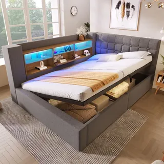 Flieks Hydraulisches Schlafsofa 140x200cm mit Stauraum, Polstebett mit USB, Jugendbett mit Led und offenen Staufächern, Doppelbett Leinen, Grau - Grau