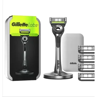 Gillette Labs Herren Rasiermesser + 5 Rasiermesser Klinge Nachfüllen mit Peeling-Bar, Inklusive Premium-Magnetständer & Reise-Fall