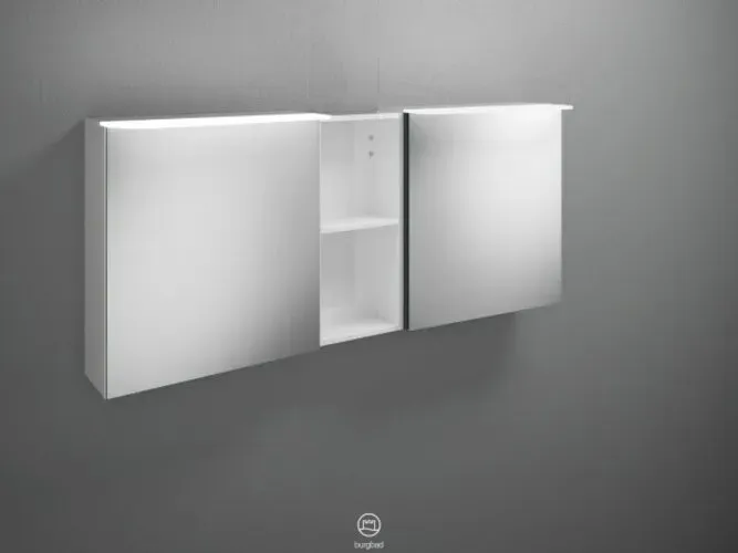 burgbad Badu Spiegelschrank mit LED-Aufsatzleuchte, 2 Türen, 1 offenes Regal, Breite 1500mm, SFTY150F3689G0196, Farbe: Weiß matt / Weiß matt, Griffleiste Anthrazit eloxiert G0196