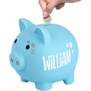 Sparschwein für Mädchen & Jungen, Sparschwein für Kinder,Unzerbrechliche Spardose, Spardose Personalisiert mit Namen Taufe, Kommunion, Konfirmation,Geburt(Blau)