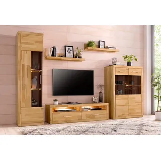 Home Affaire Wohnwand »Ribe,Fronten Massivholz,Korpus Holzwekstoff,viel Stauraum«, (Set, 5 St.), Glaseinsatz aus gehärtetem Glas,Böden teilweise versetzbar