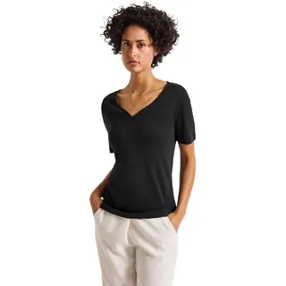 STREET ONE Damen 3227205 T-Shirt mit Herzausschnitt, Black, 38