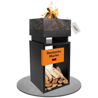 Lemodo Feuerkorb mit Holzlager, Feuerschale Stahl, Feuerstelle 85,5cm hoch