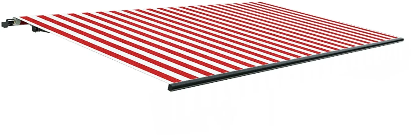 Markise 400 cm breit, Basic, Rot-weiß gestreift, 4000 x 1500 mm, Kurbel links 15° Neigung, individuell konfigurieren