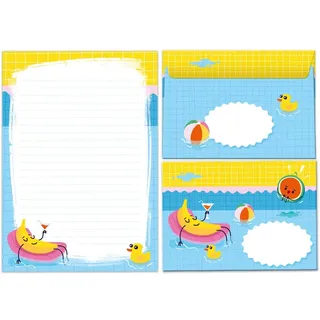 Briefpapier Kinder mit Umschlag Briefblock mit Umschlag für Mädchen Jungen Kinder Sommer-Motiv Banan Kindermotiv Notizblock liniert (Block A5 mit 25 Blätter + 15 Umschläge)