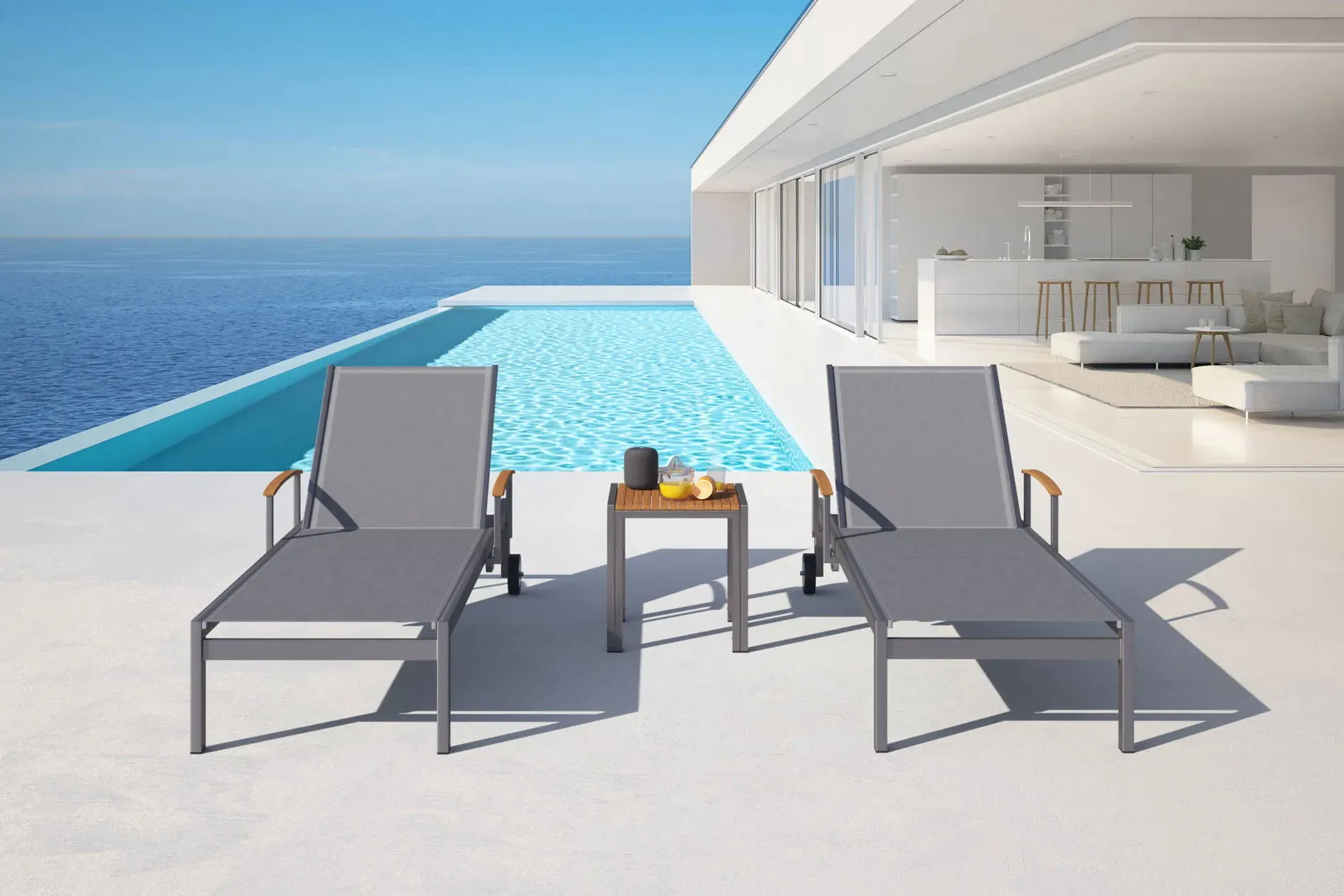 OUTFLEXX 2er-Set Sonnenliegen, taupe, Edelstahl/Textilene, 195 x 74 cm, mit Beistelltisch 45 x 45 cm, FSC®-zertifiziertes Produkt