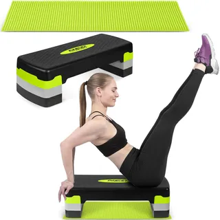 Neo-Sport Neosport Aerobic Steppbrett Stepper Step-Bench mit Anti-Rutsch-Matte - Höhenverstellbar Stepbench mit 3 Stufen - Trainingsgerät für Büro und Zuhause - 28 x 68 x 20 cm - Grün, Schwarz, Grau