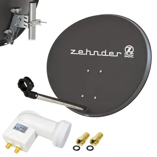 Zehnder 60cm Spiegel Schüssel Stahl + LogiSat Twin LNB | 2 Teilnehmer HD Digital SAT Anlage Set anthrazit | DVB-S/S2 Full HDTV 3D 4K Ultra HD UHD Empfang
