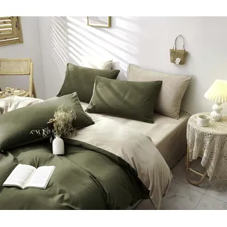 Freyamy Bettwäsche 135x200 cm 4teilig Grün Dunkelgrün Beige Uni Einfarbig Wendebettwäsche Gewaschene Mikrofaser Bettwäsche Set 2 Deckenbezug und 2 Kissenbezug 80x80 cm mit Reißverschlüsse