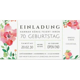 70. Geburtstag Einladungen Weiß online gestalten und bestellen - Flower Ticket | Wunderkarten.de
