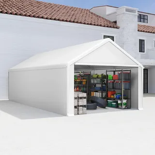 Outsunny Carport Zeltgarage 4x6m Wasserdichtes Garagenzelt mit PE-Dach, Industriezelt PVC Wasserdichter Reißenresistenter mit abnehmbaren Seitenwänden UV-beständig Winterfest Unterstand für Auto, SUV, LKW, Boot, – Lagerzelt Weidezelt Garten Garage, Weiß