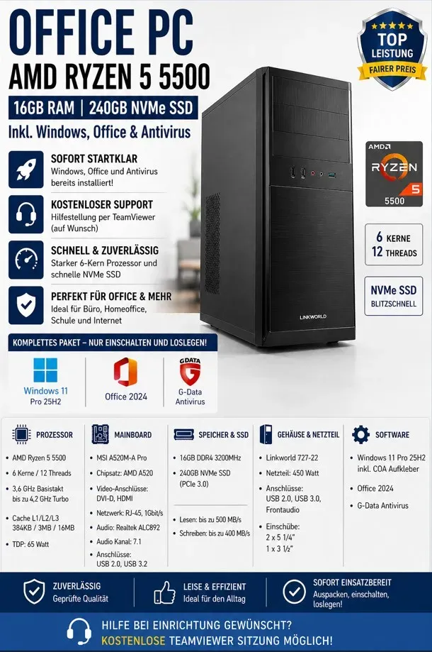 Office PC AMD Ryzen 5 5500 16GB RAM 240GB NVMe, incl. Windows, Office und Antivi...